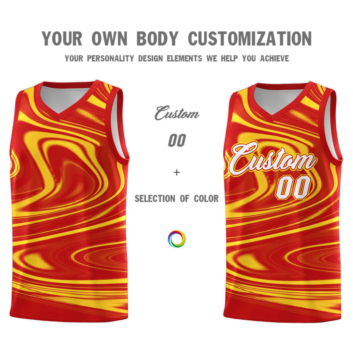 Custom Red Gold Graffiti Pattern Fluids Style Sports Uniform Basketball Jersey Kits|KXKSHOP