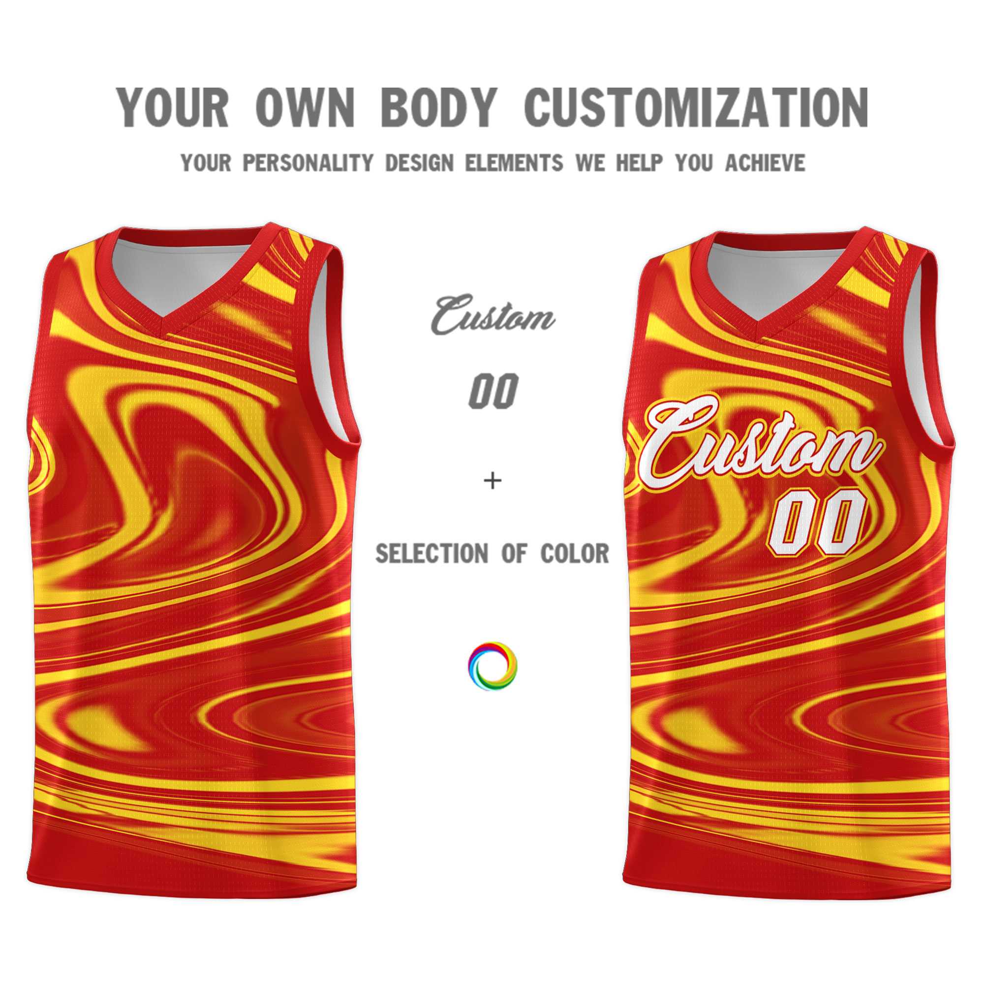 Custom Red Gold Graffiti Pattern Fluids Style Sports Uniform Basketball Jersey Kits|KXKSHOP