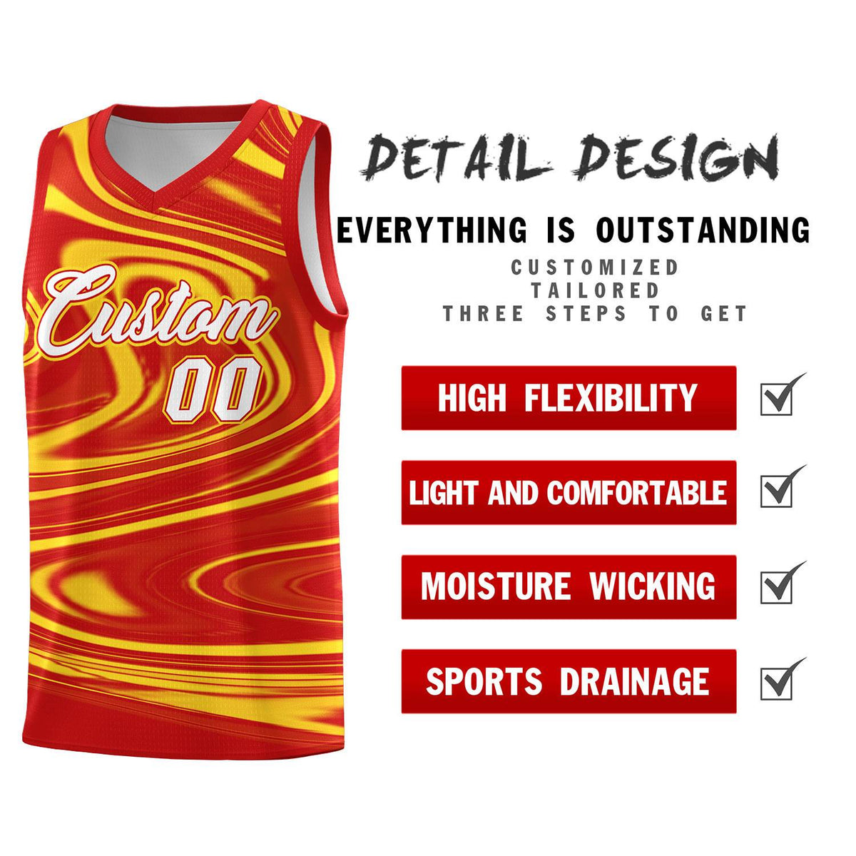 Custom Red Gold Graffiti Pattern Fluids Style Sports Uniform Basketball Jersey Kits|KXKSHOP