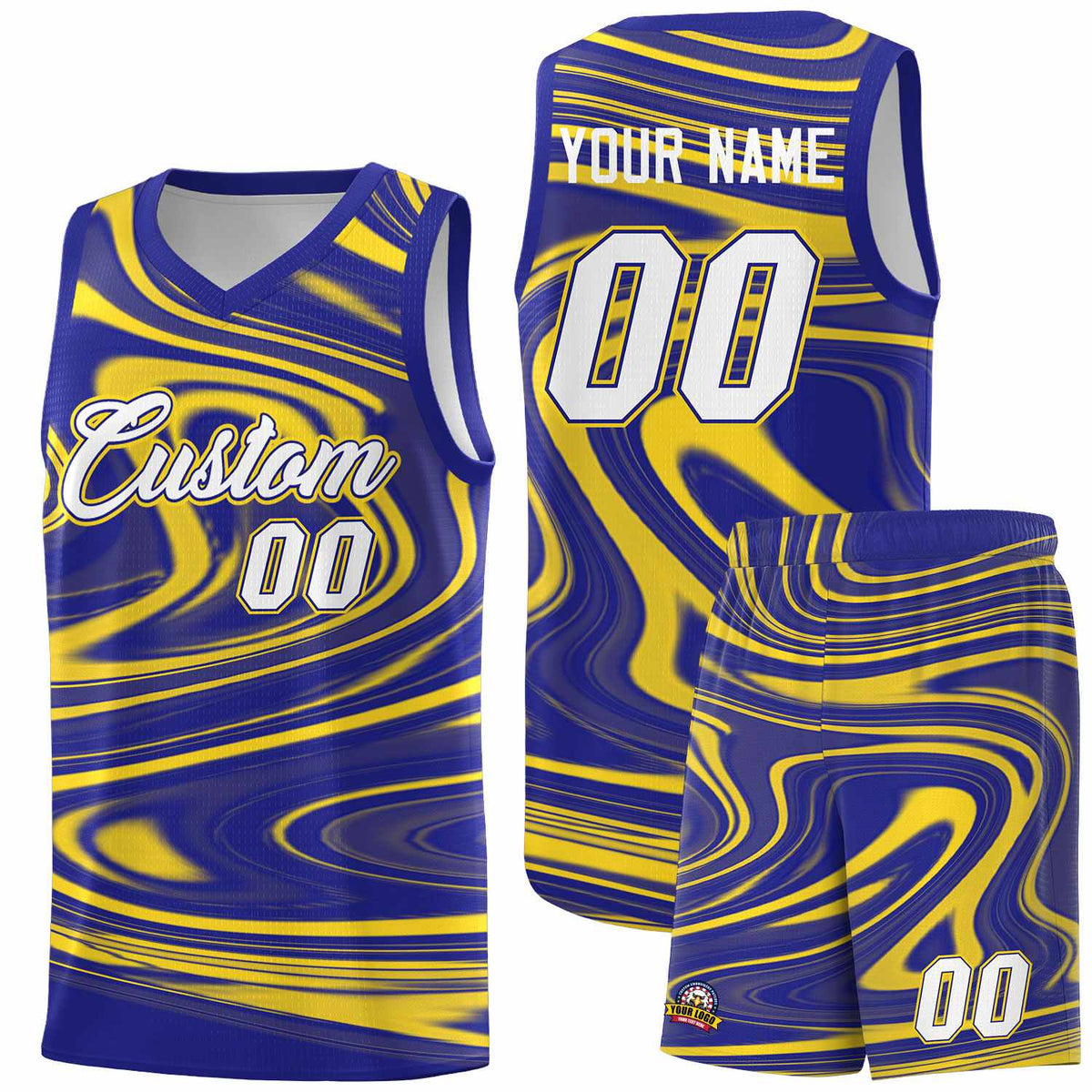 Custom Royal Gold Graffiti Pattern Fluids Style Sports Uniform Basketball Jersey Kits|KXKSHOP