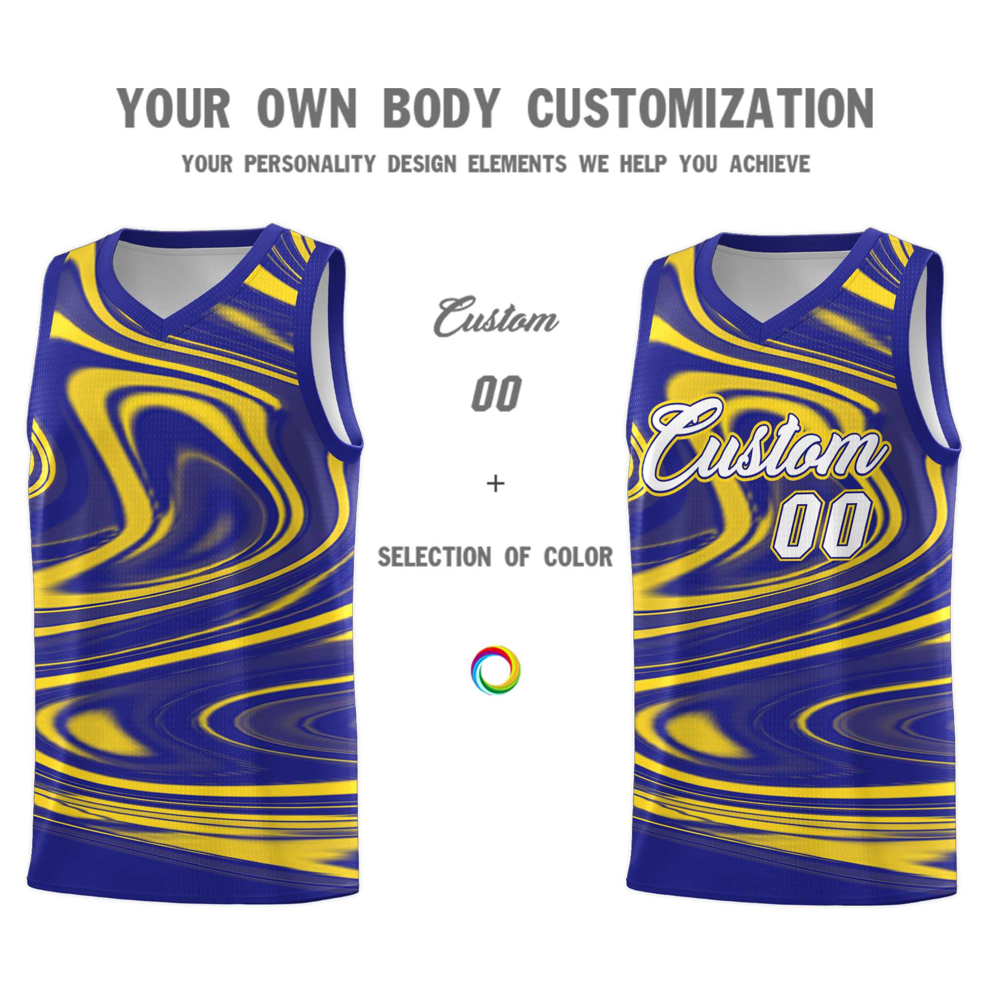 Custom Royal Gold Graffiti Pattern Fluids Style Sports Uniform Basketball Jersey Kits|KXKSHOP