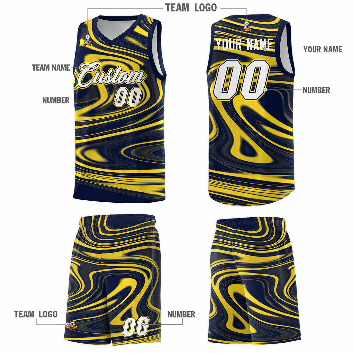 Custom Navy Gold Graffiti Pattern Fluids Style Sports Uniform Basketball Jersey Kits|KXKSHOP