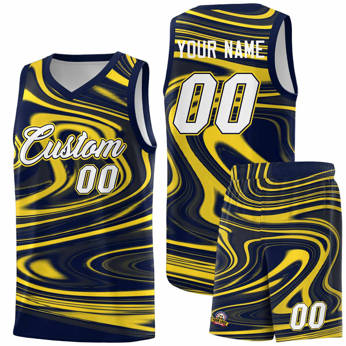 Custom Navy Gold Graffiti Pattern Fluids Style Sports Uniform Basketball Jersey Kits|KXKSHOP