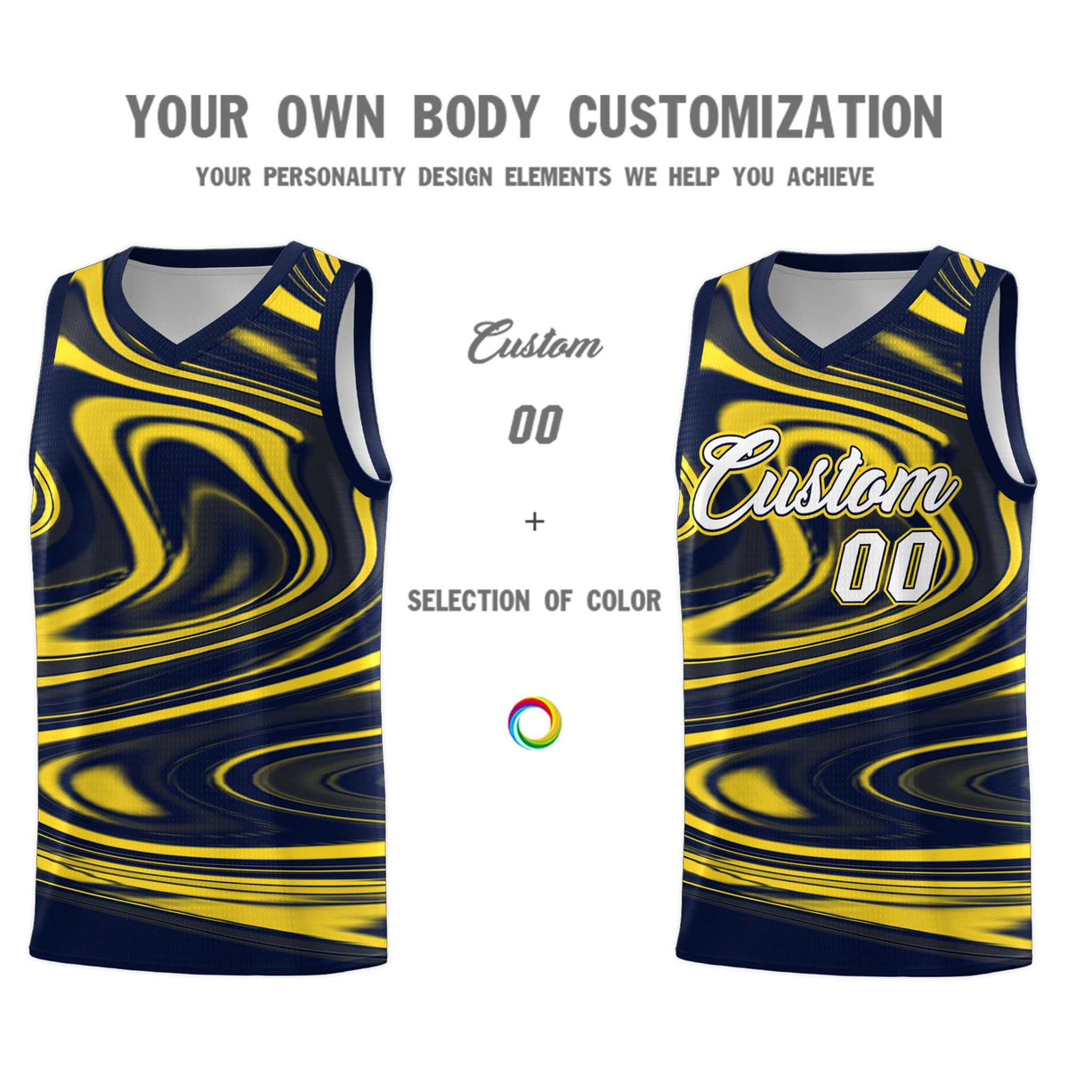Custom Navy Gold Graffiti Pattern Fluids Style Sports Uniform Basketball Jersey Kits|KXKSHOP