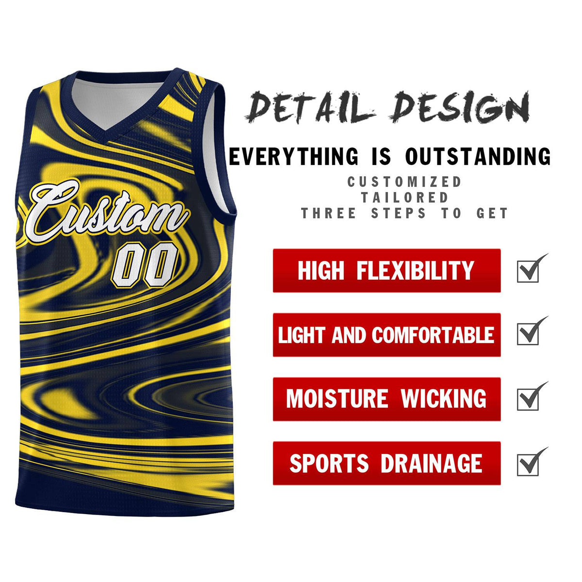 Custom Navy Gold Graffiti Pattern Fluids Style Sports Uniform Basketball Jersey Kits|KXKSHOP