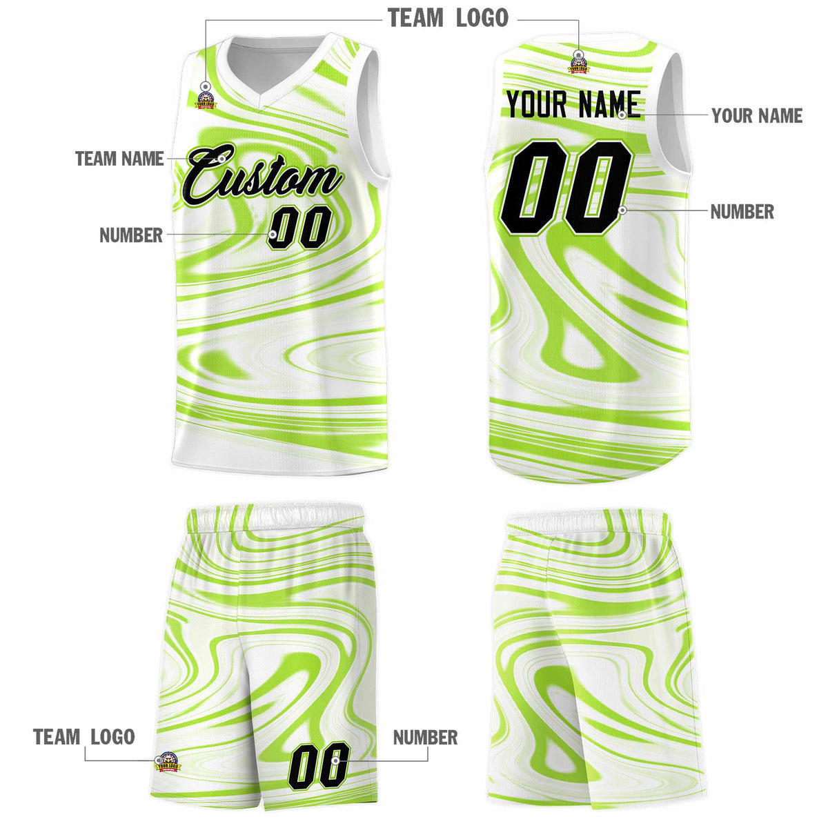 Custom White Light Green Graffiti Pattern Fluids Style Sports Uniform Basketball Jersey Kits|KXKSHOP