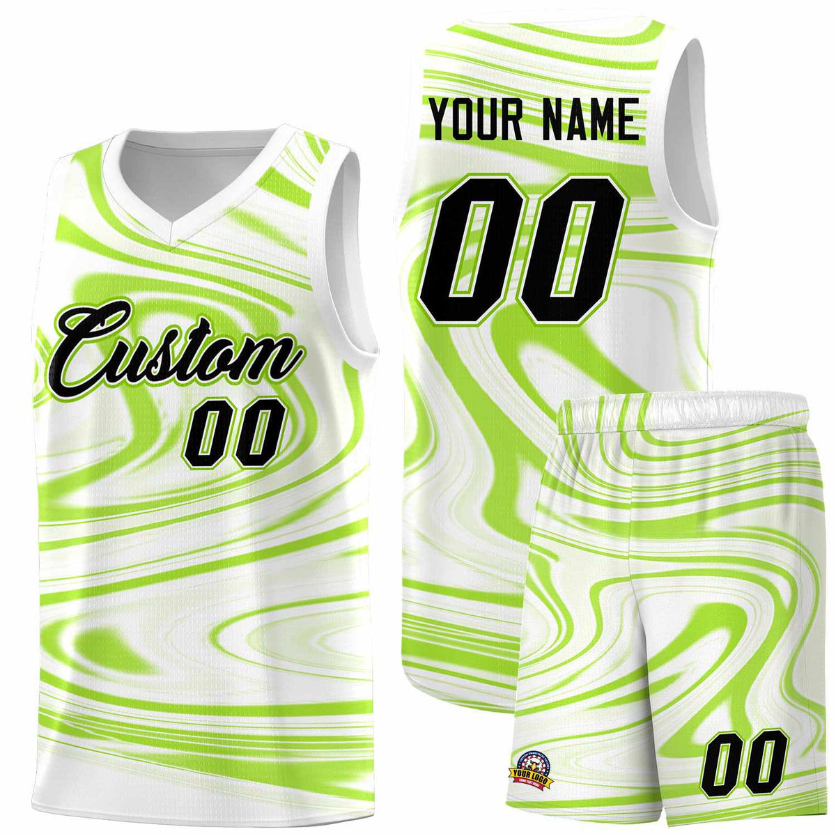 Custom White Light Green Graffiti Pattern Fluids Style Sports Uniform Basketball Jersey Kits|KXKSHOP
