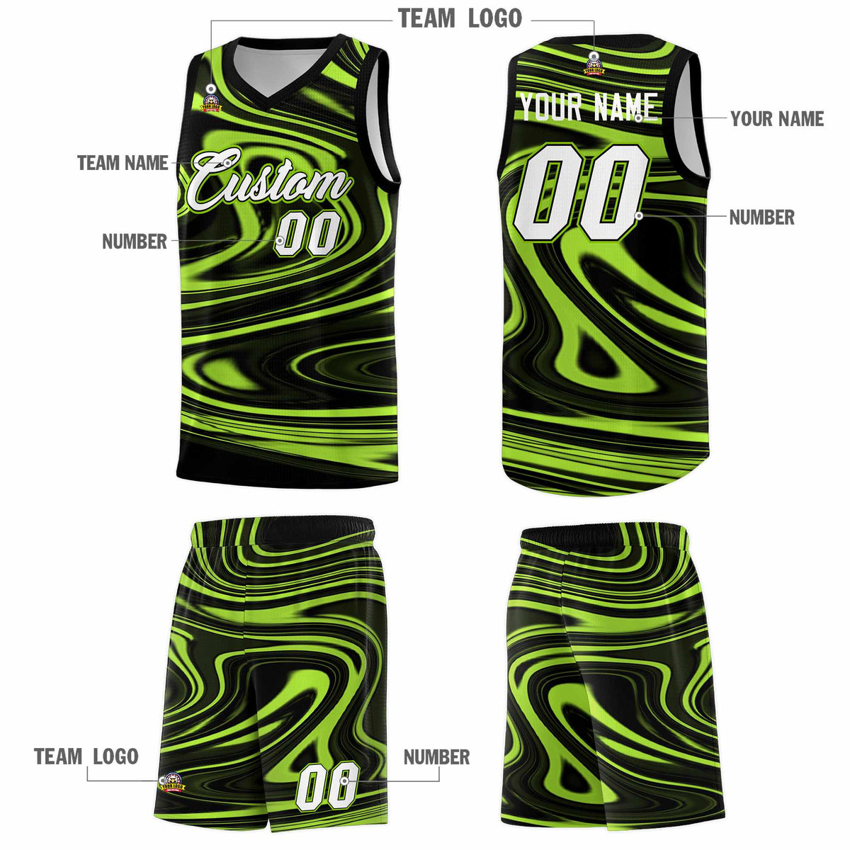 Custom Black Light Green Graffiti Pattern Fluids Style Sports Uniform Basketball Jersey Kits|KXKSHOP