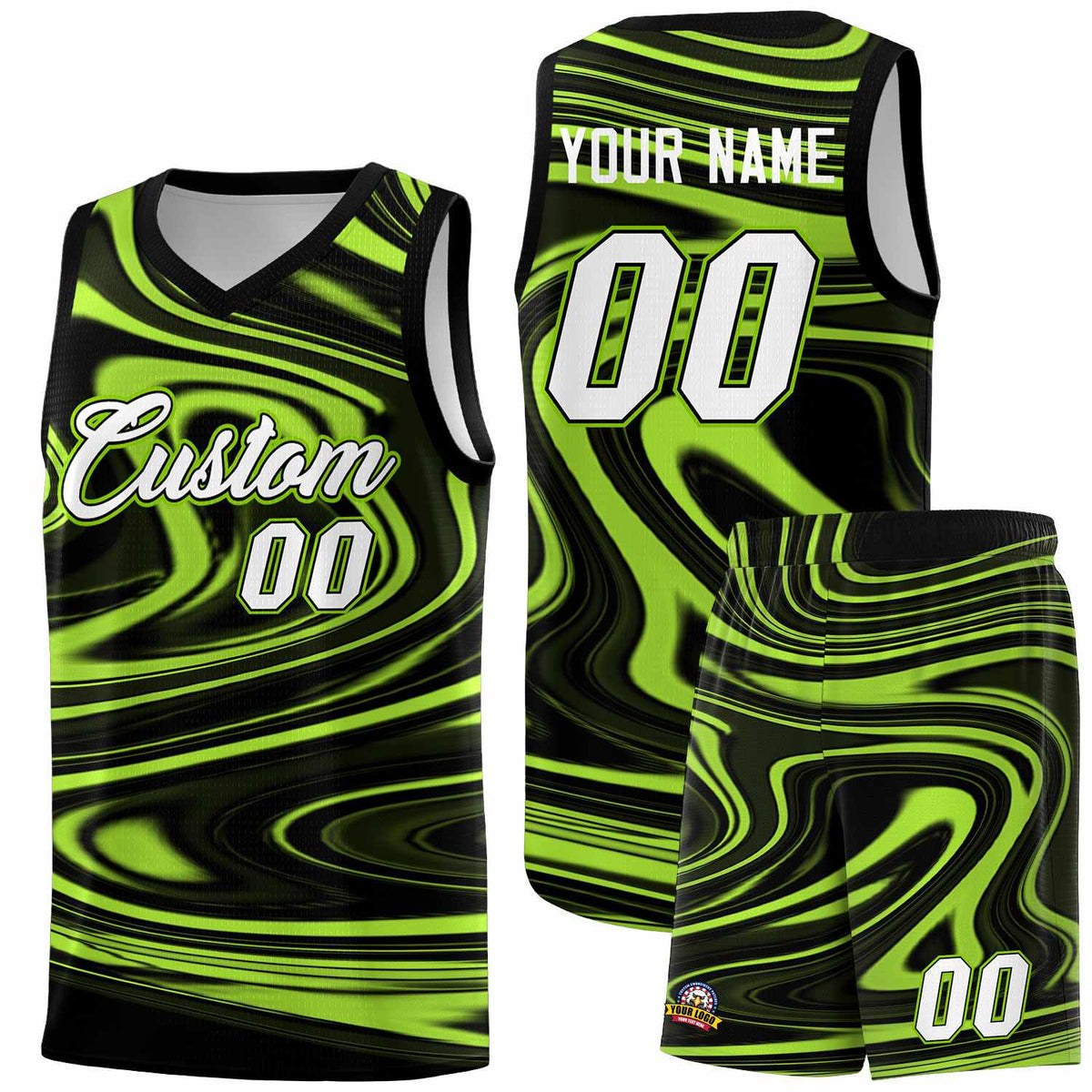 Custom Black Light Green Graffiti Pattern Fluids Style Sports Uniform Basketball Jersey Kits|KXKSHOP