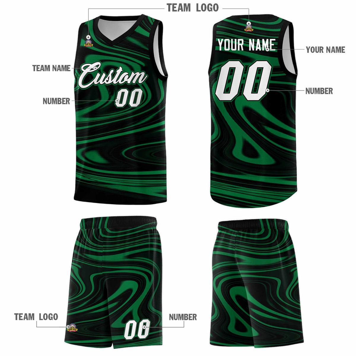 Custom Black Kelly Green Graffiti Pattern Fluids Style Sports Uniform Basketball Jersey Kits|KXKSHOP
