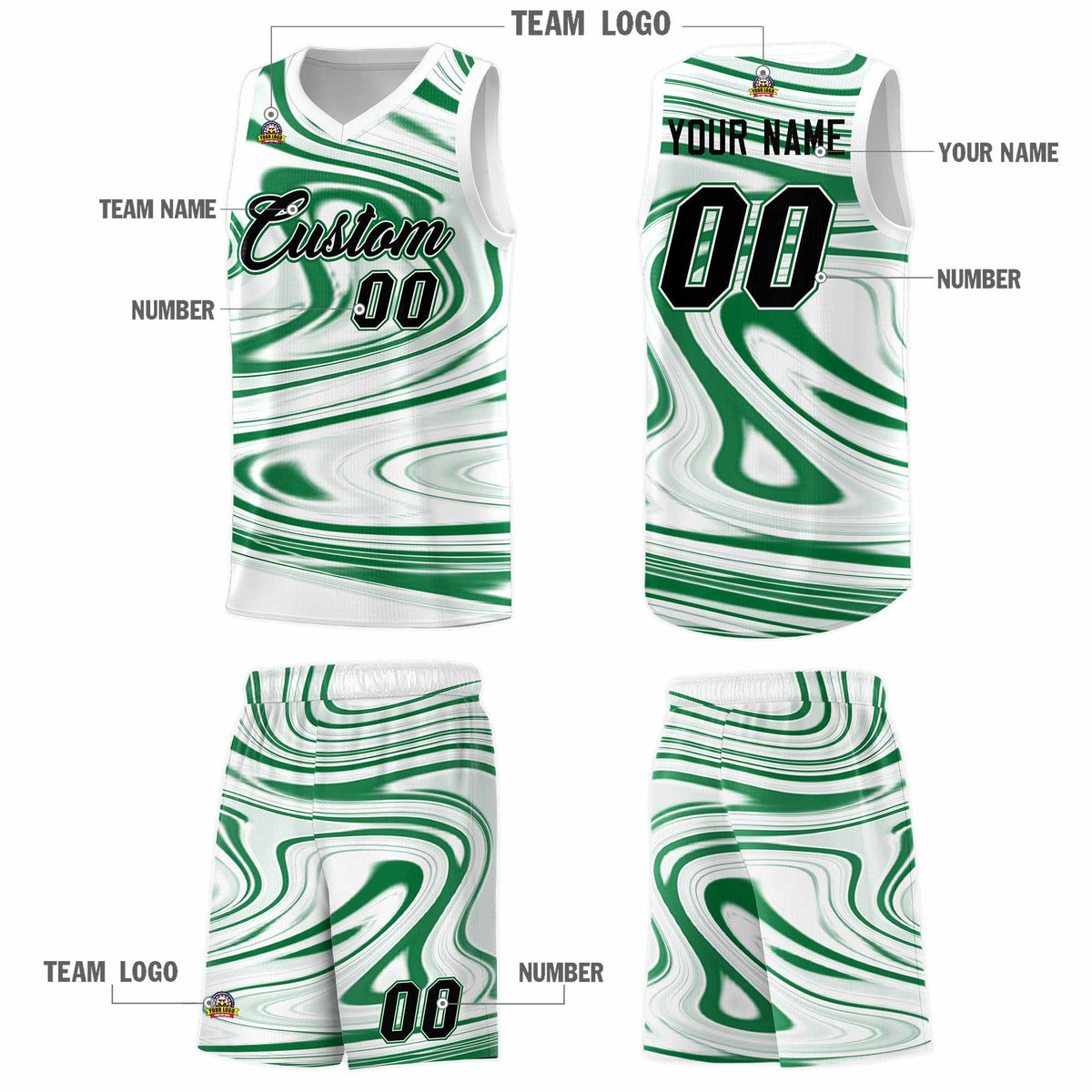 Custom White Kelly Green Graffiti Pattern Fluids Style Sports Uniform Basketball Jersey Kits|KXKSHOP