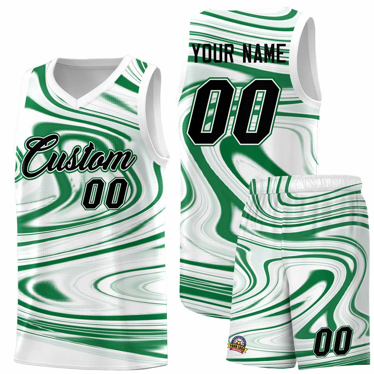 Custom White Kelly Green Graffiti Pattern Fluids Style Sports Uniform Basketball Jersey Kits|KXKSHOP