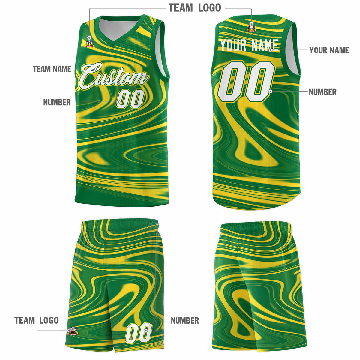 Custom Kelly Green Gold Graffiti Pattern Fluids Style Sports Uniform Basketball Jersey Kits|KXKSHOP