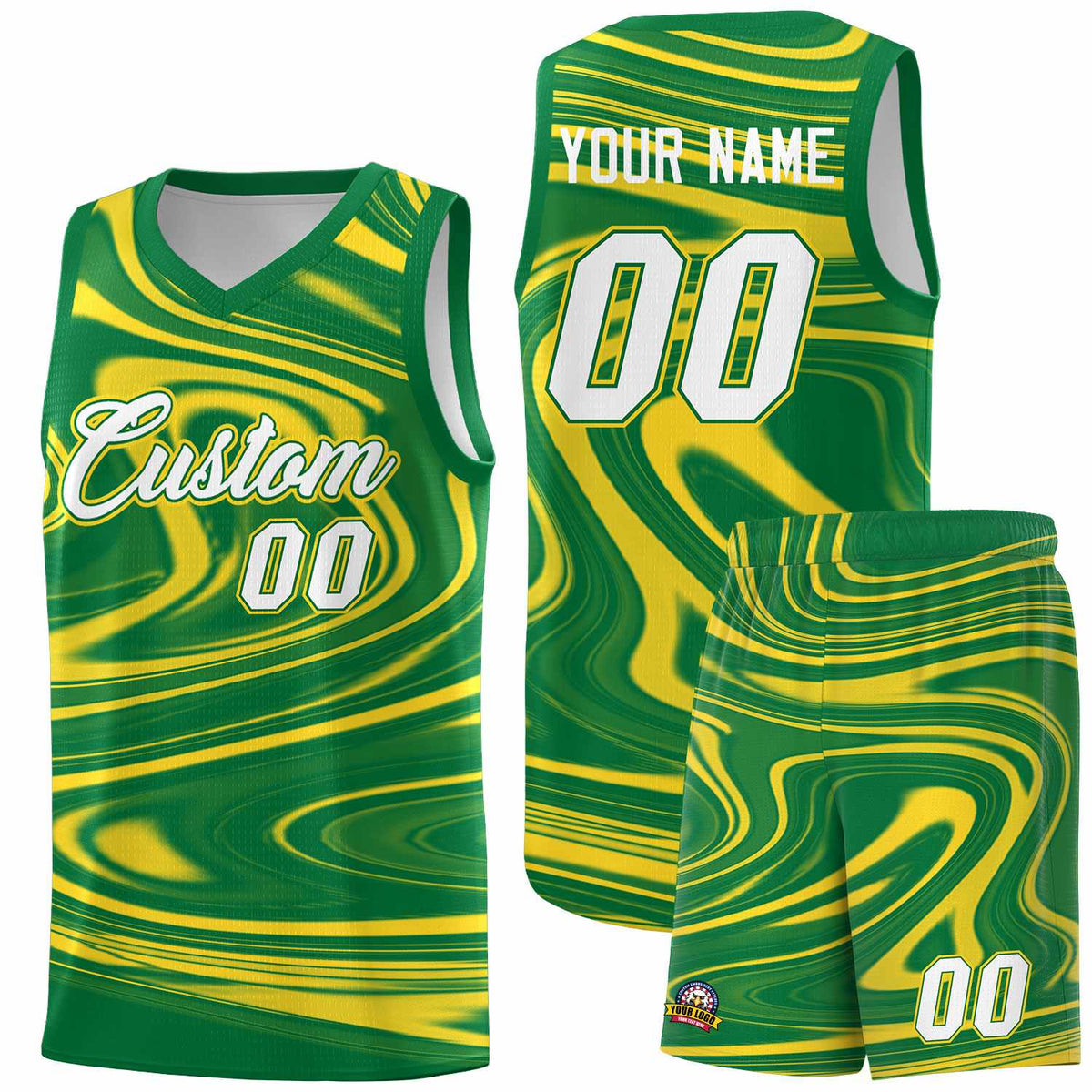 Custom Kelly Green Gold Graffiti Pattern Fluids Style Sports Uniform Basketball Jersey Kits|KXKSHOP