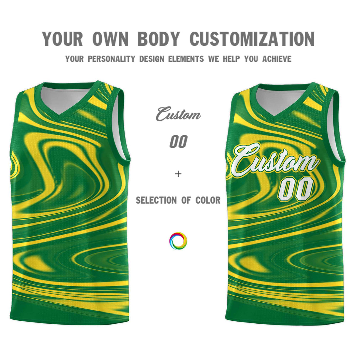 Custom Kelly Green Gold Graffiti Pattern Fluids Style Sports Uniform Basketball Jersey Kits|KXKSHOP
