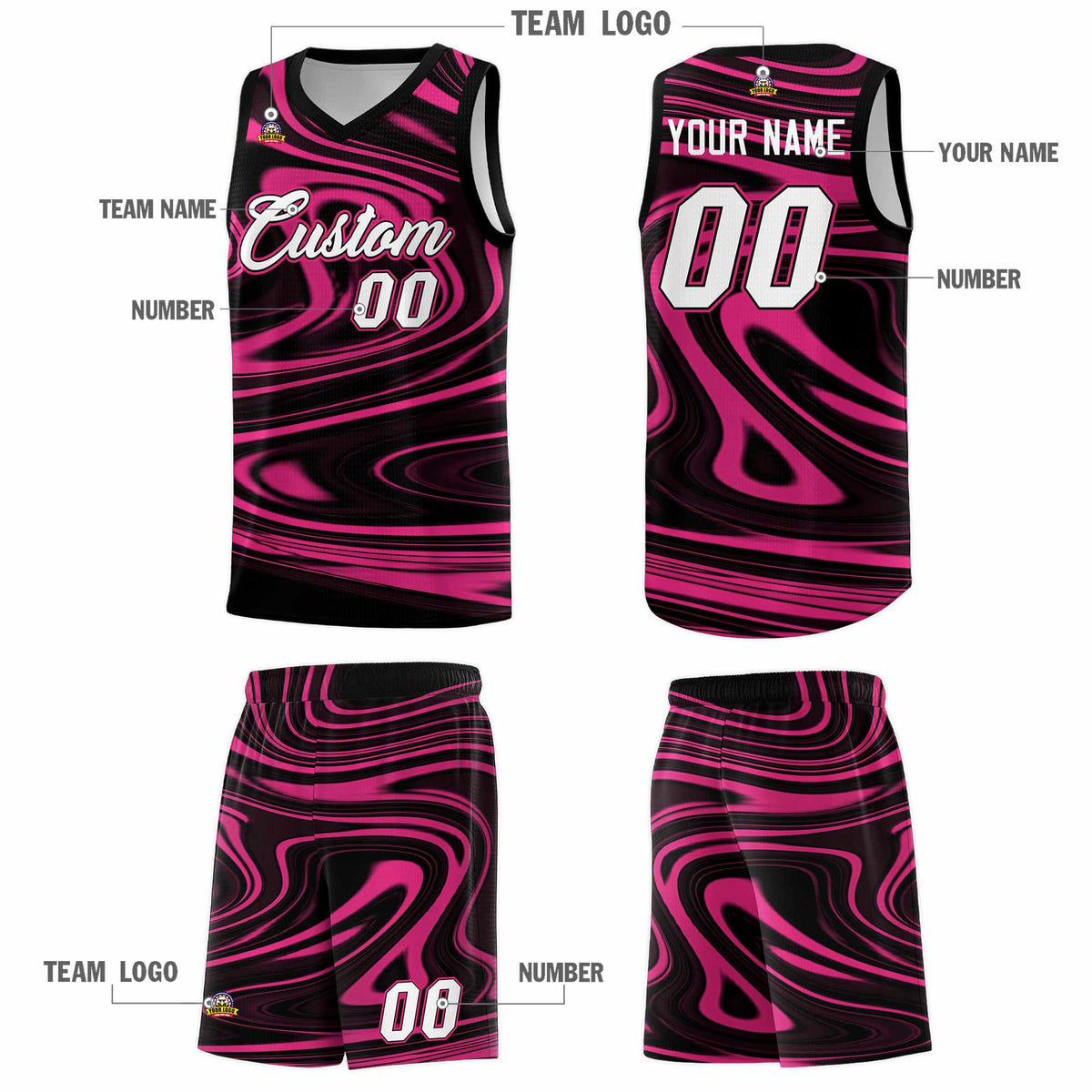 Custom Black Pink Graffiti Pattern Fluids Style Sports Uniform Basketball Jersey Kits|KXKSHOP