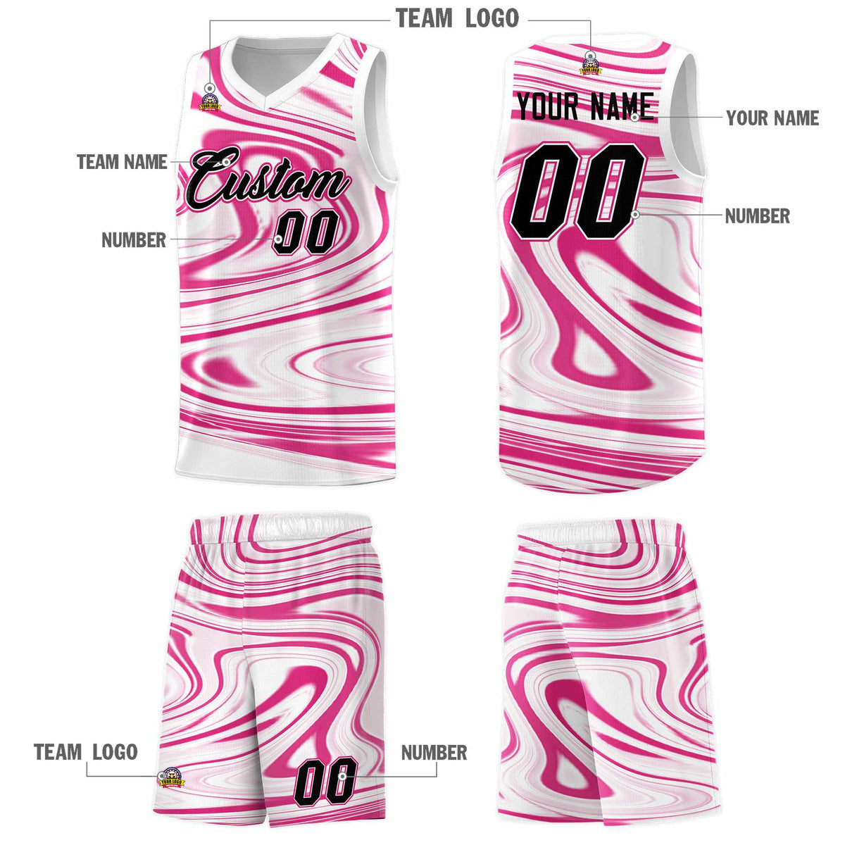 Custom White Pink Graffiti Pattern Fluids Style Sports Uniform Basketball Jersey Kits|KXKSHOP