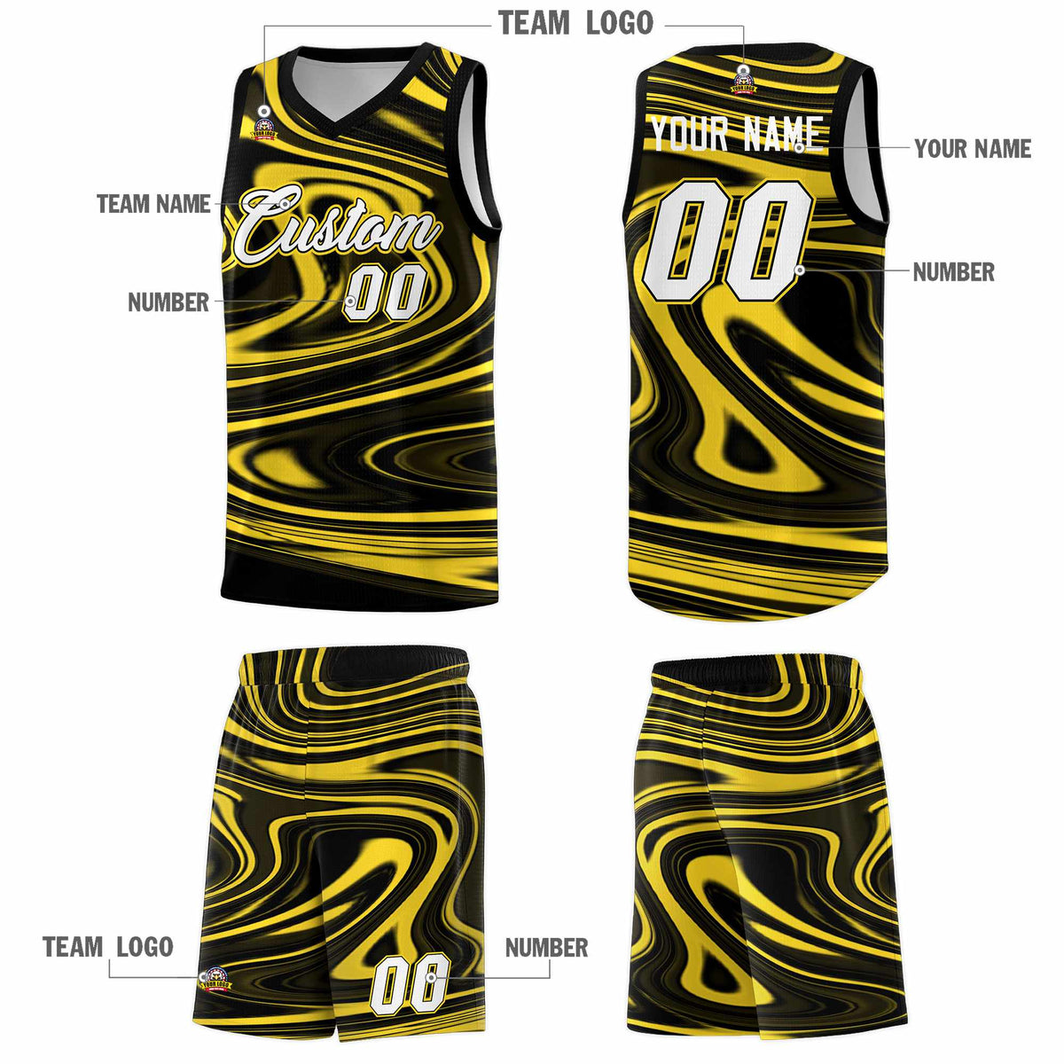 Custom Black Gold Graffiti Pattern Fluids Style Sports Uniform Basketball Jersey Kits|KXKSHOP