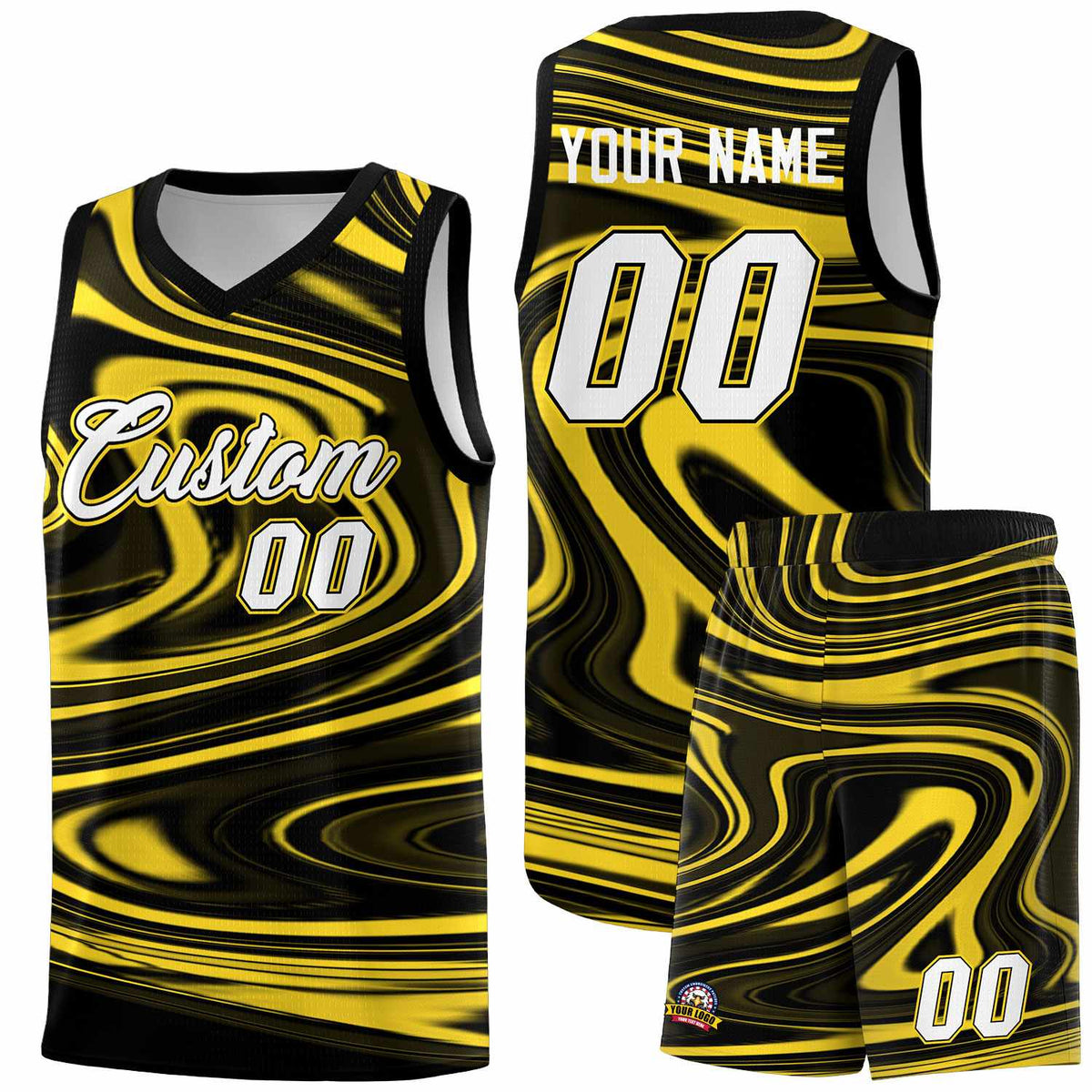 Custom Black Gold Graffiti Pattern Fluids Style Sports Uniform Basketball Jersey Kits|KXKSHOP