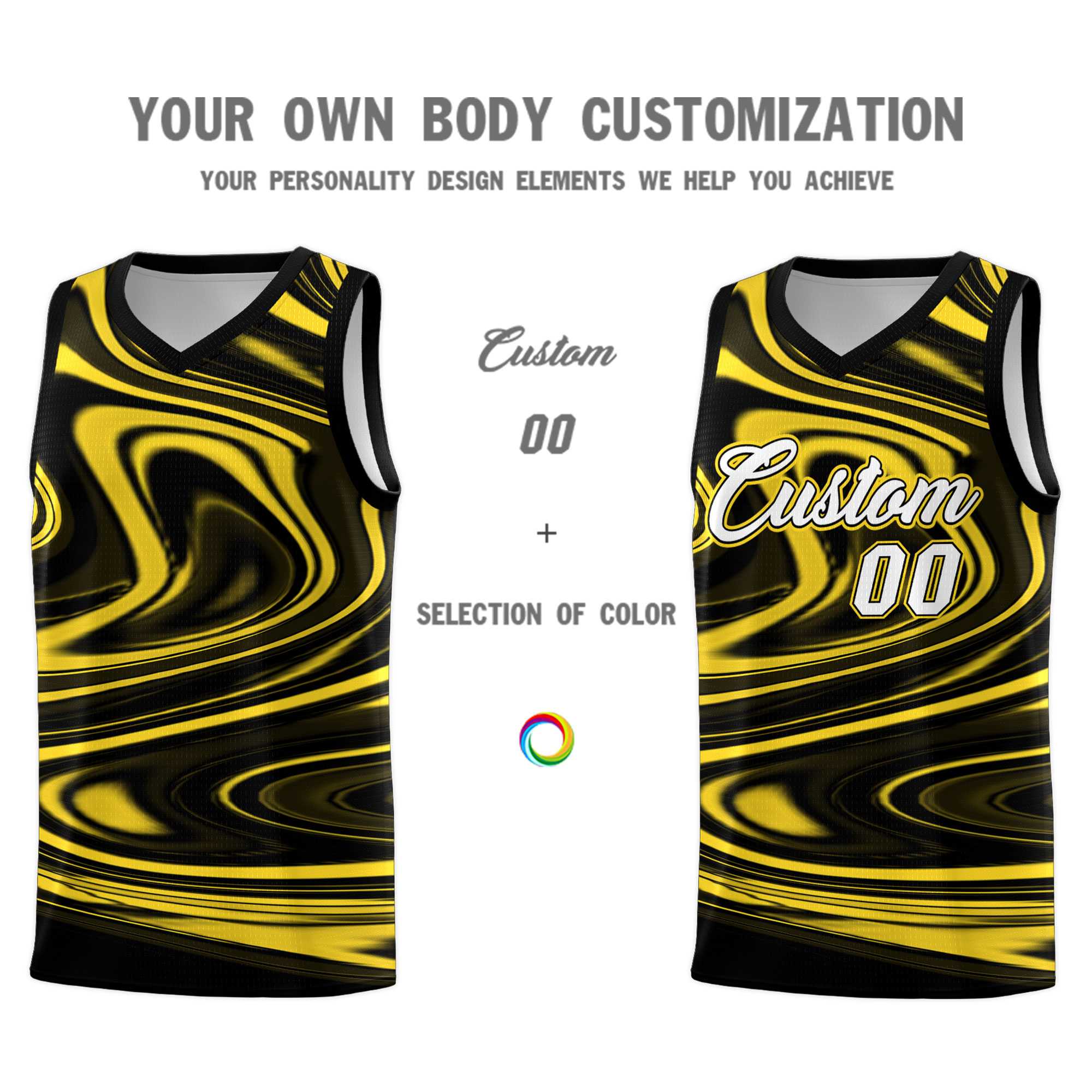 Custom Black Gold Graffiti Pattern Fluids Style Sports Uniform Basketball Jersey Kits|KXKSHOP