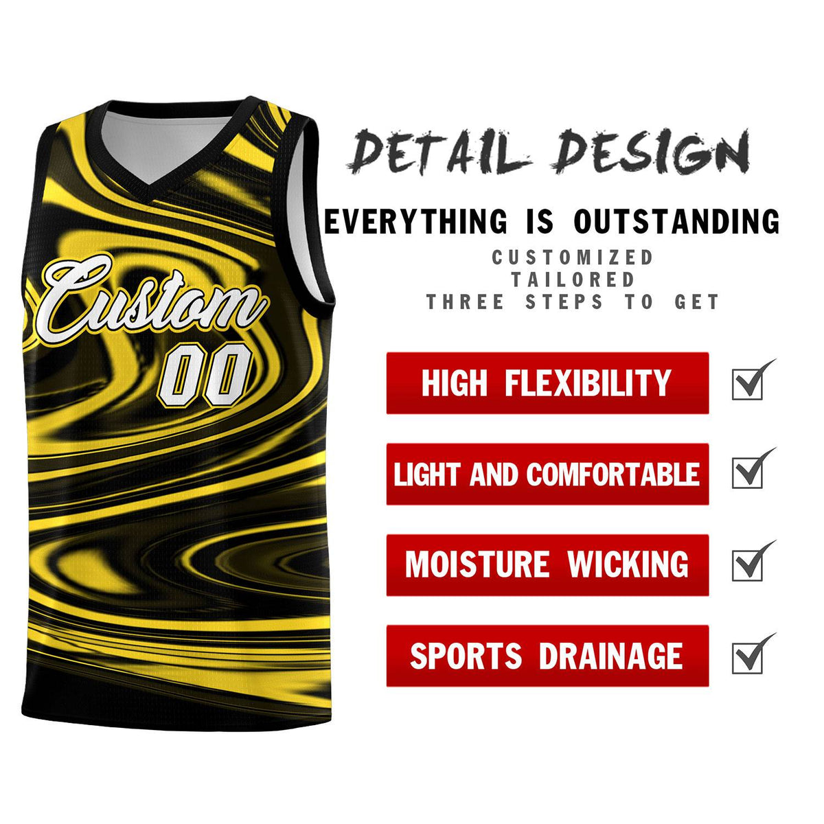 Custom Black Gold Graffiti Pattern Fluids Style Sports Uniform Basketball Jersey Kits|KXKSHOP