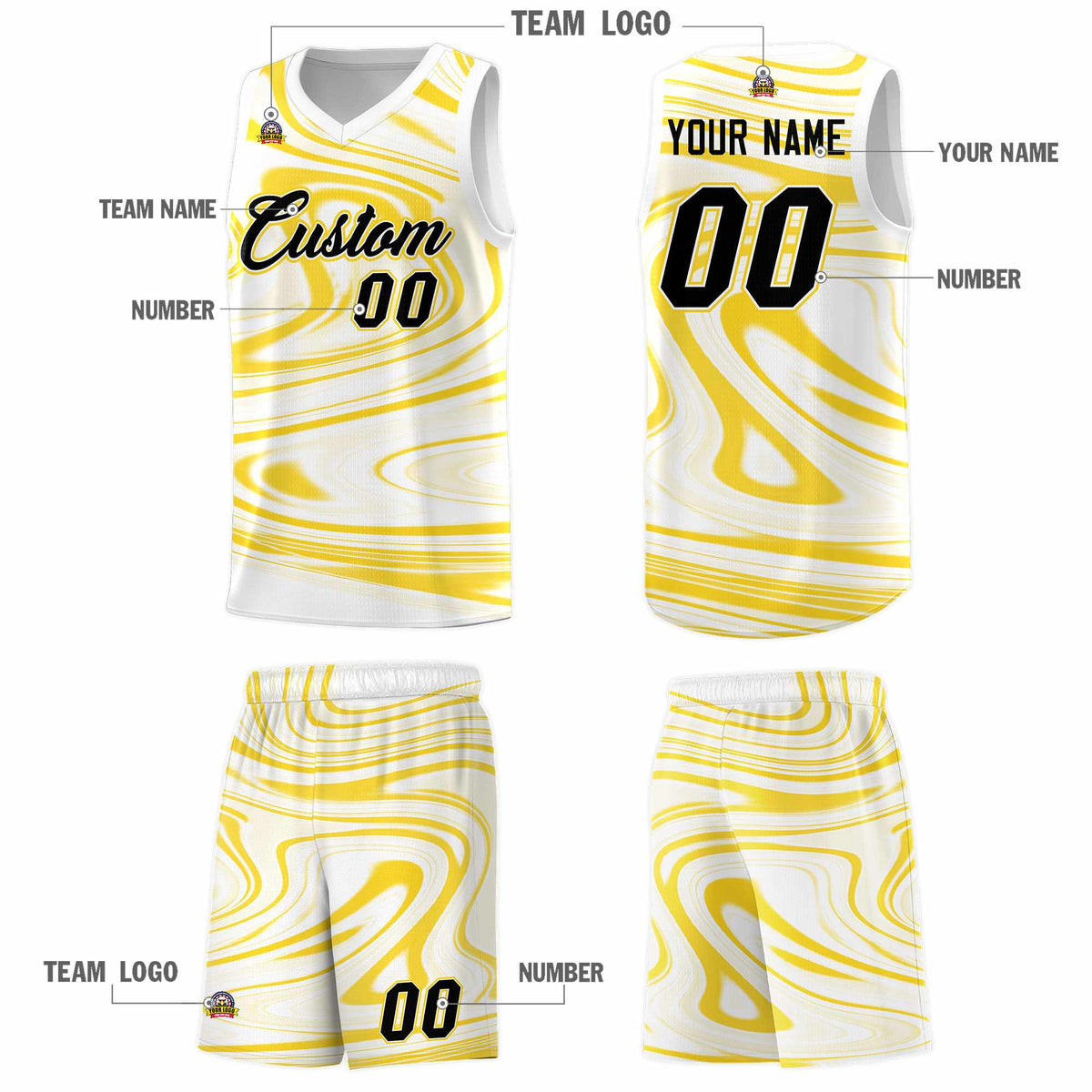 Custom White Gold Graffiti Pattern Fluids Style Sports Uniform Basketball Jersey Kits|KXKSHOP