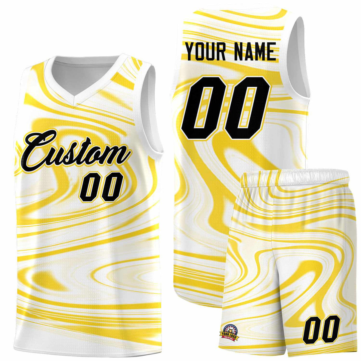 Custom White Gold Graffiti Pattern Fluids Style Sports Uniform Basketball Jersey Kits|KXKSHOP