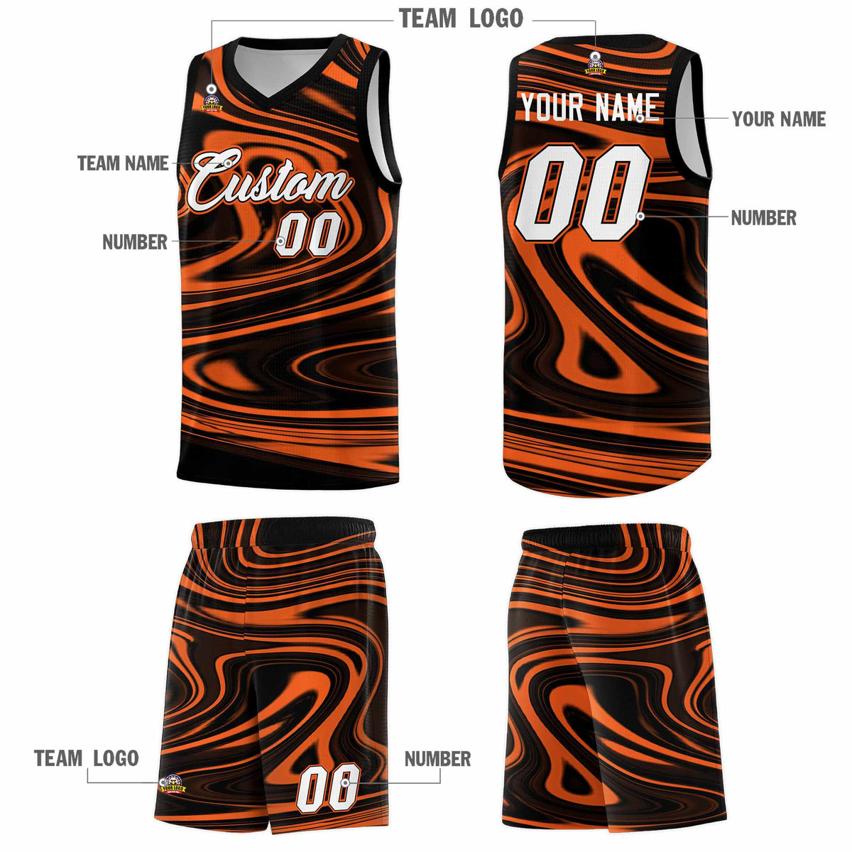 Custom Black Orange Graffiti Pattern Fluids Style Sports Uniform Basketball Jersey Kits|KXKSHOP