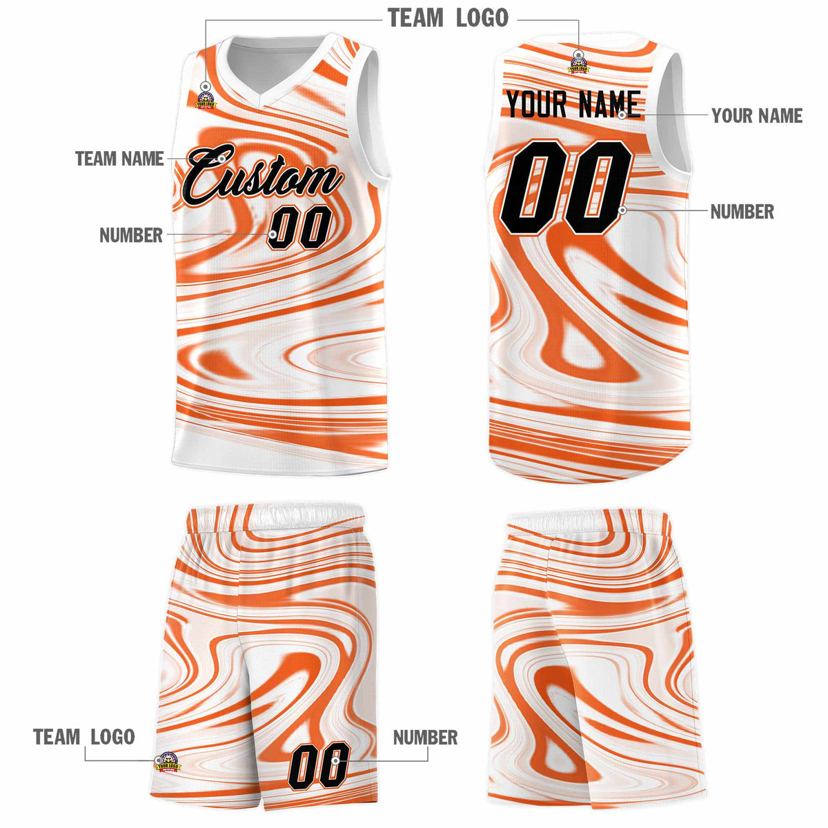Custom White Orange Graffiti Pattern Fluids Style Sports Uniform Basketball Jersey Kits|KXKSHOP