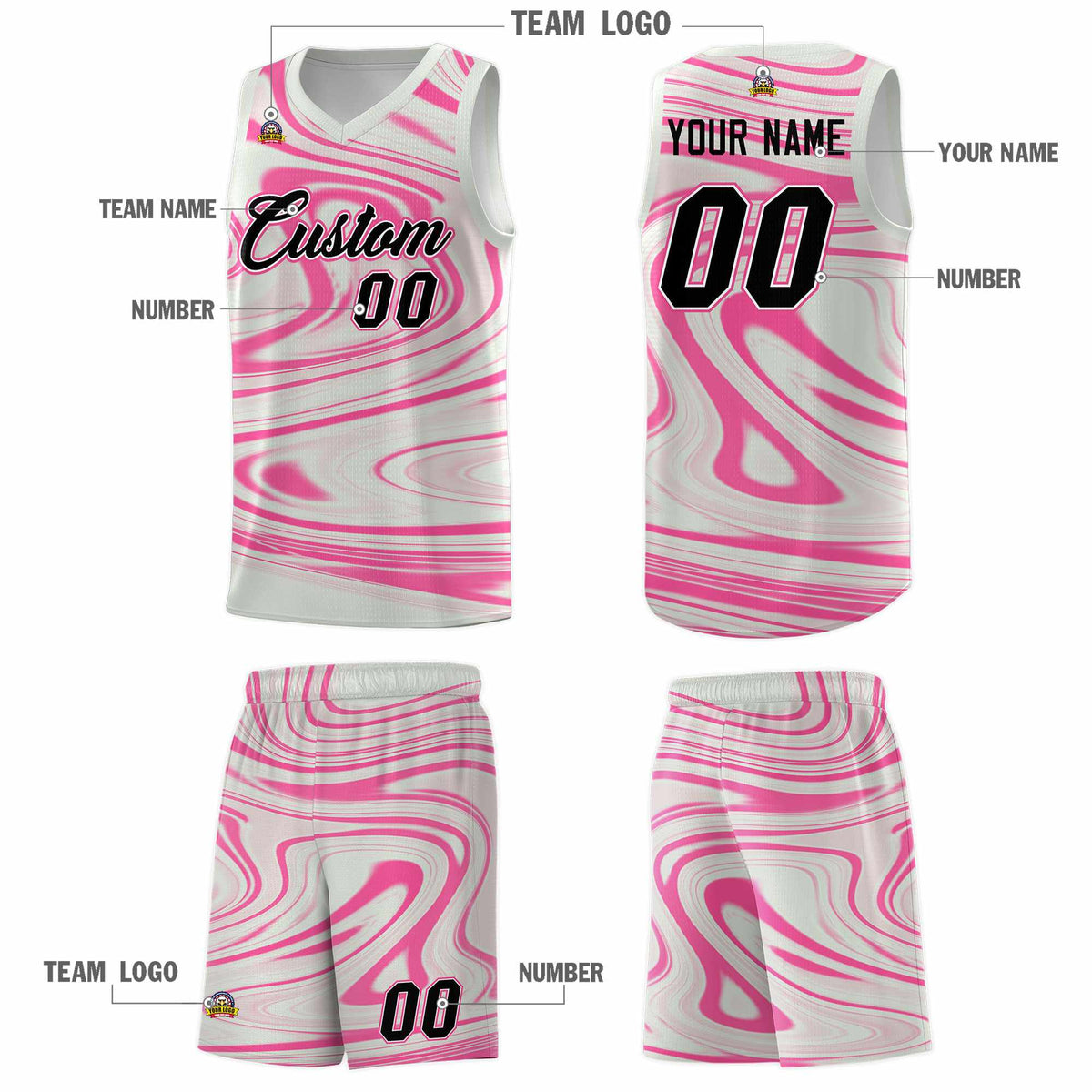 Custom Gray Pink Graffiti Pattern Fluids Style Sports Uniform Basketball Jersey Kits|KXKSHOP