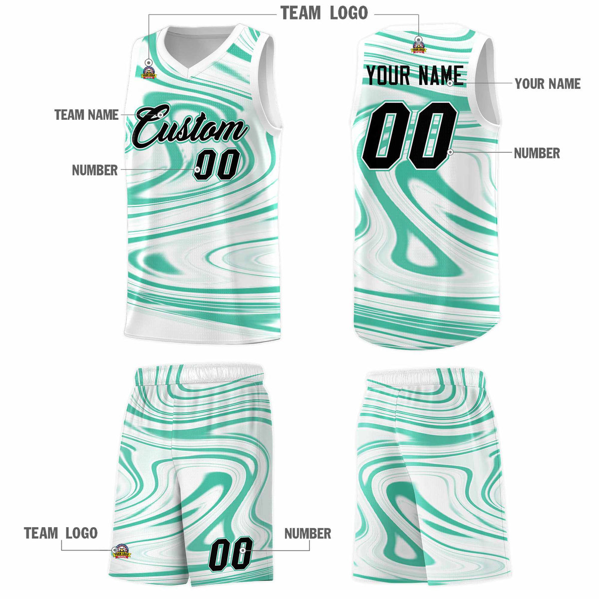 Custom White Bright Green Graffiti Pattern Fluids Style Sports Uniform Basketball Jersey Kits|KXKSHOP
