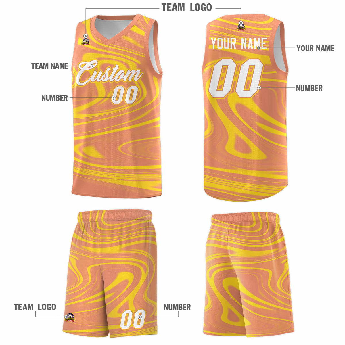 Custom Light Orange Gold Graffiti Pattern Fluids Style Sports Uniform Basketball Jersey Kits|KXKSHOP