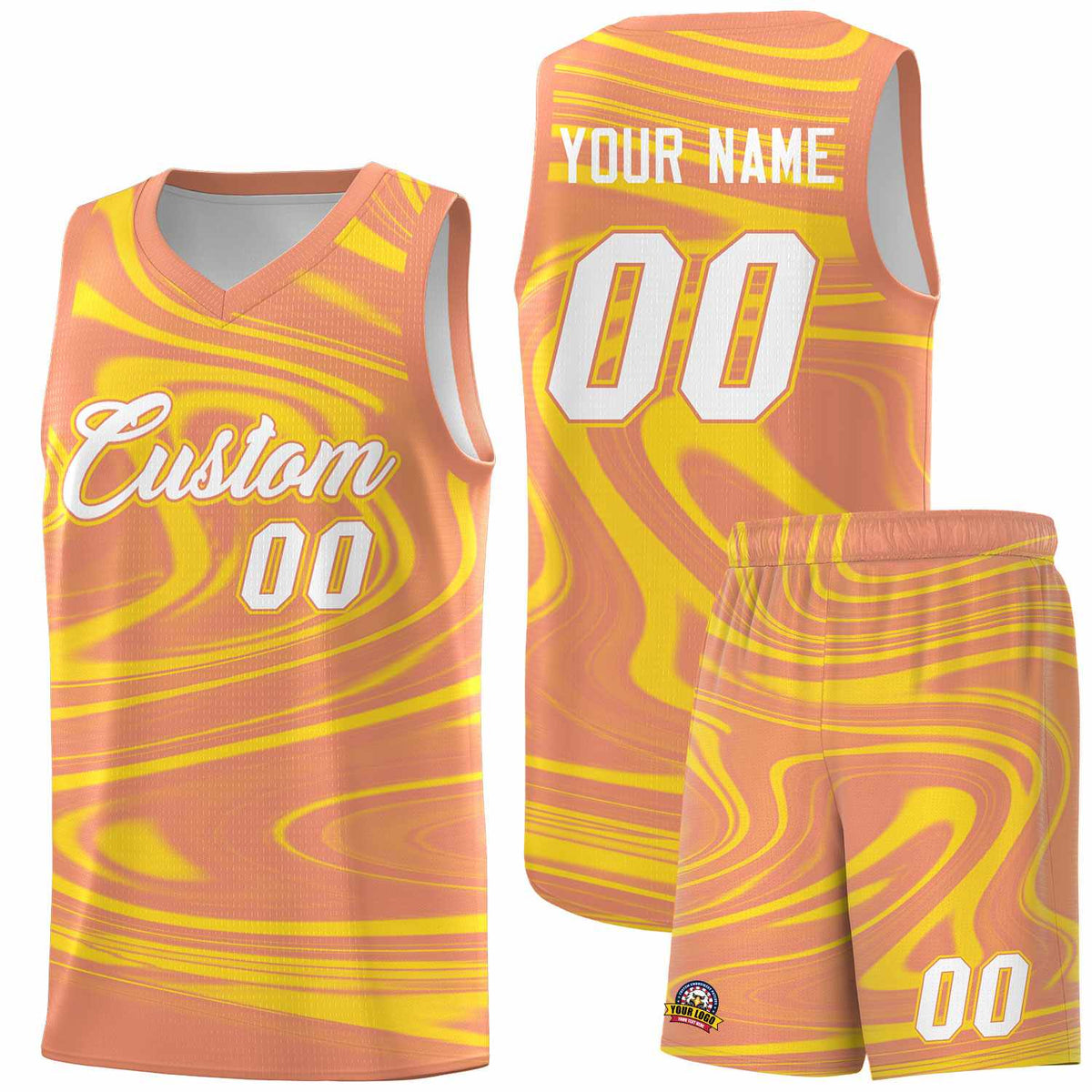 Custom Light Orange Gold Graffiti Pattern Fluids Style Sports Uniform Basketball Jersey Kits|KXKSHOP