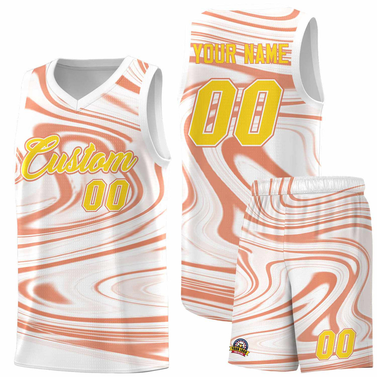 Custom White Light Orange Graffiti Pattern Fluids Style Sports Uniform Basketball Jersey Kits|KXKSHOP