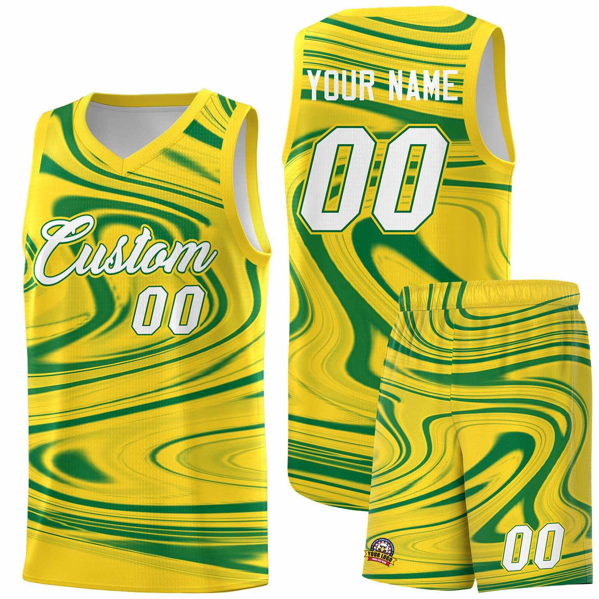 Custom Gold Kelly Green Graffiti Pattern Fluids Style Sports Uniform Basketball Jersey Kits|KXKSHOP