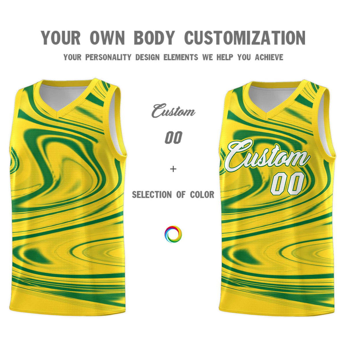 Custom Gold Kelly Green Graffiti Pattern Fluids Style Sports Uniform Basketball Jersey Kits|KXKSHOP