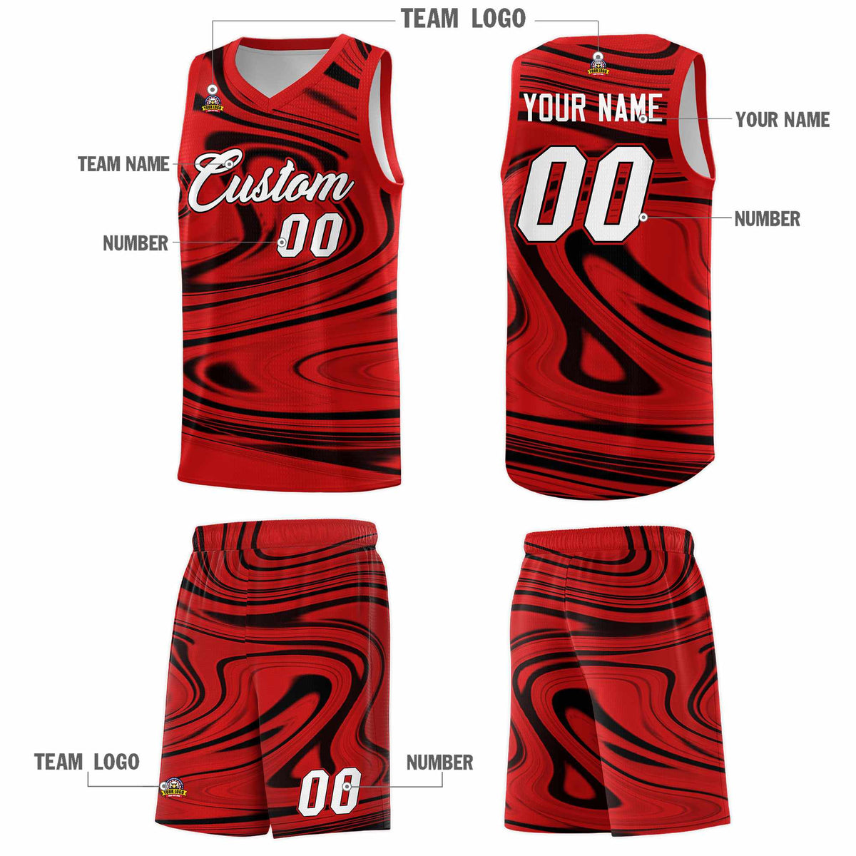 Custom Red Black Graffiti Pattern Fluids Style Sports Uniform Basketball Jersey Kits|KXKSHOP