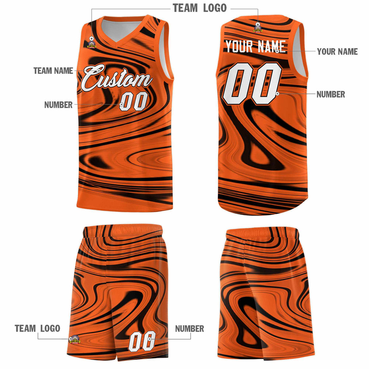 Custom Orange Black Graffiti Pattern Fluids Style Sports Uniform Basketball Jersey Kits|KXKSHOP
