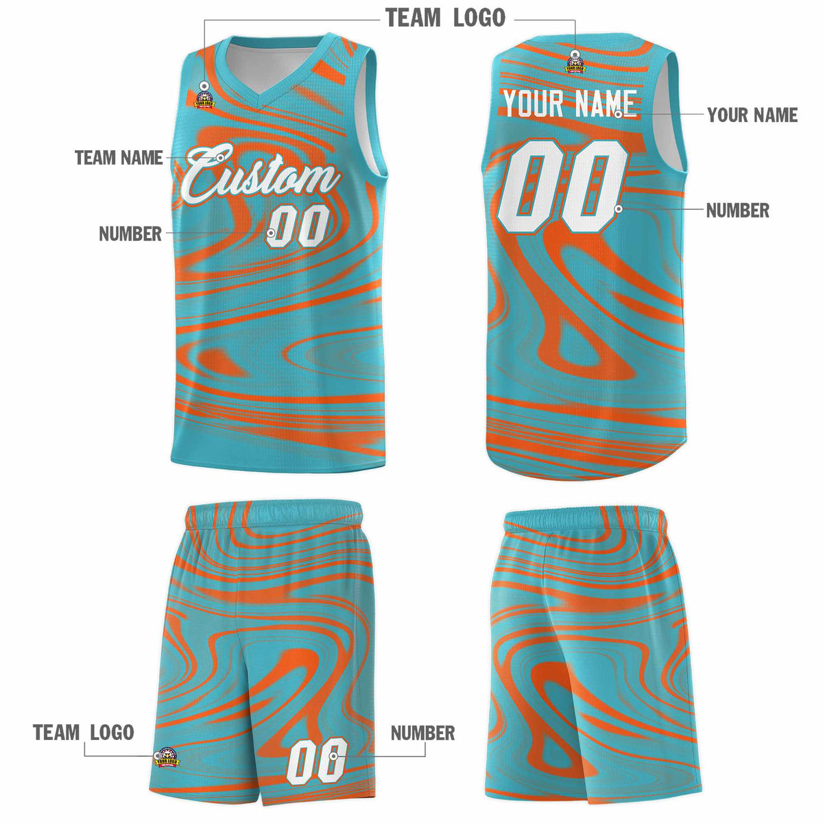 Custom Aqua Orange Graffiti Pattern Fluids Style Sports Uniform Basketball Jersey Kits|KXKSHOP