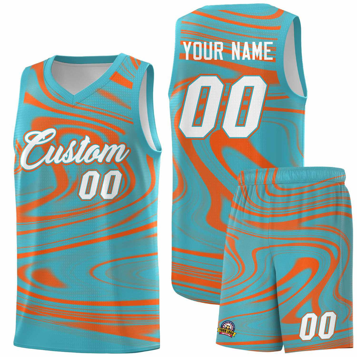 Custom Aqua Orange Graffiti Pattern Fluids Style Sports Uniform Basketball Jersey Kits|KXKSHOP