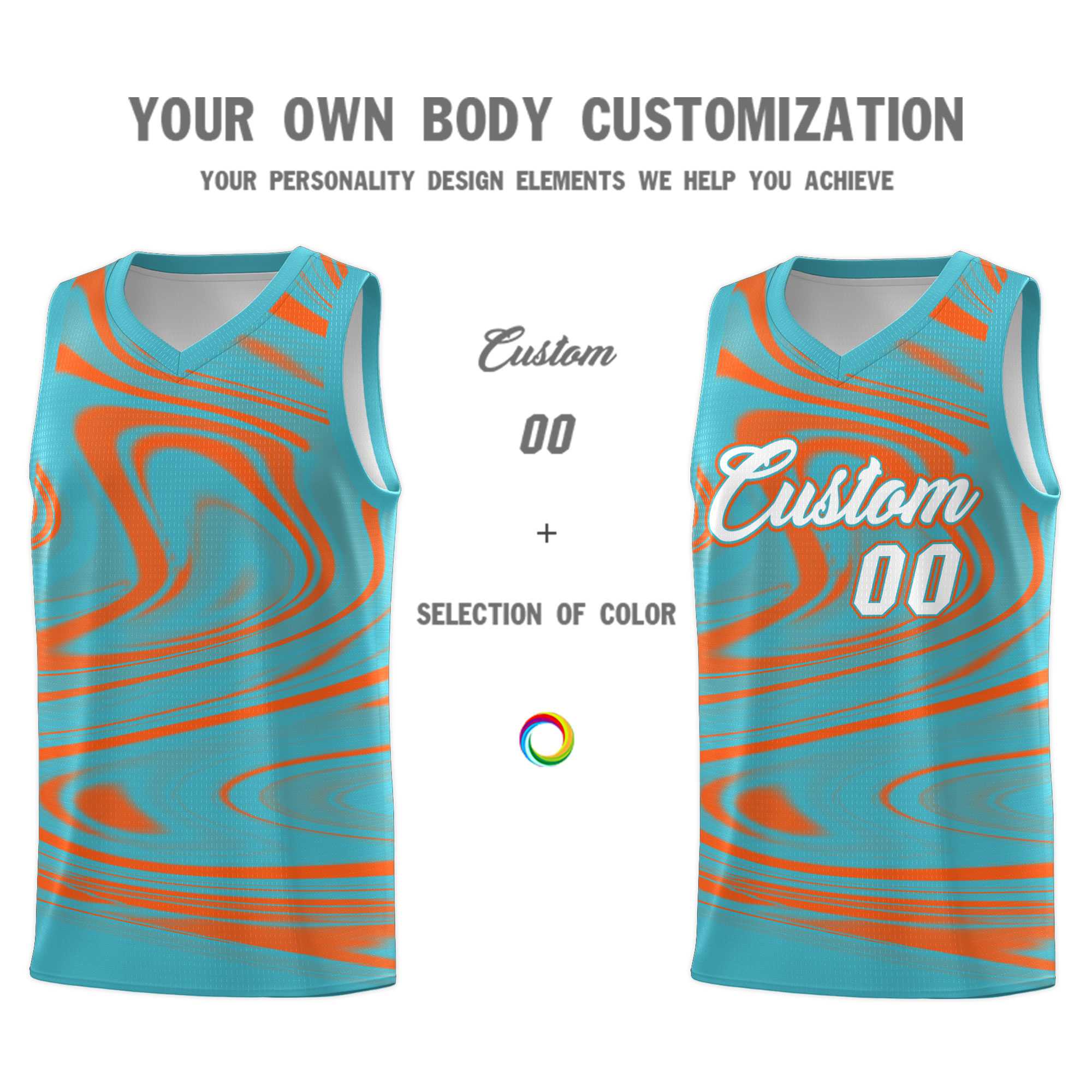 Custom Aqua Orange Graffiti Pattern Fluids Style Sports Uniform Basketball Jersey Kits|KXKSHOP