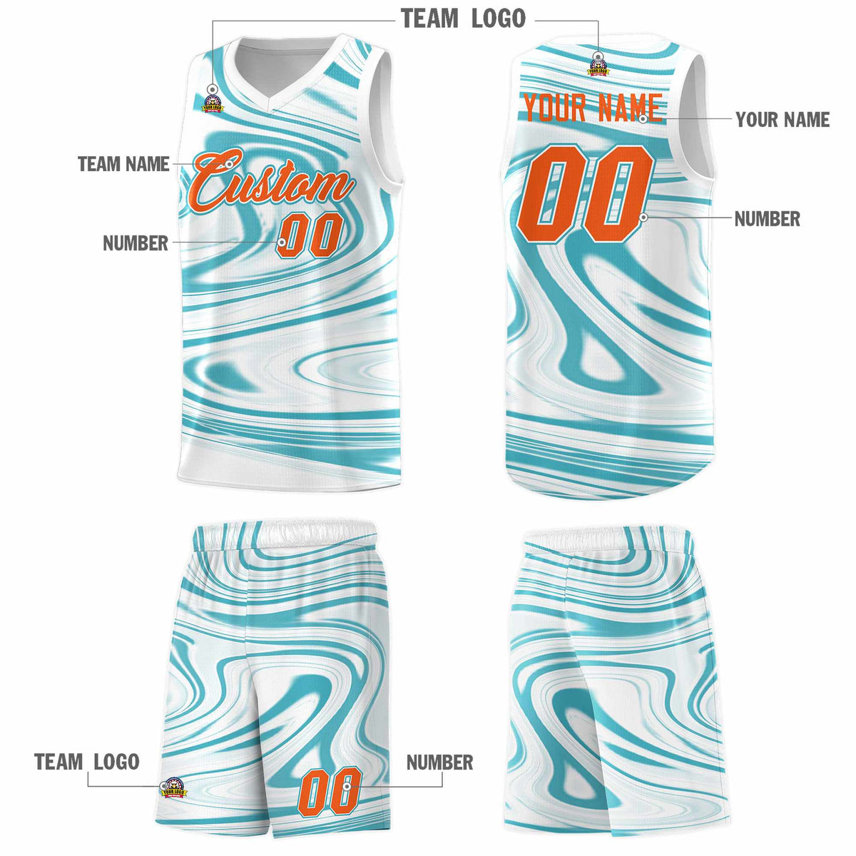 Custom White Aqua Graffiti Pattern Fluids Style Sports Uniform Basketball Jersey Kits|KXKSHOP