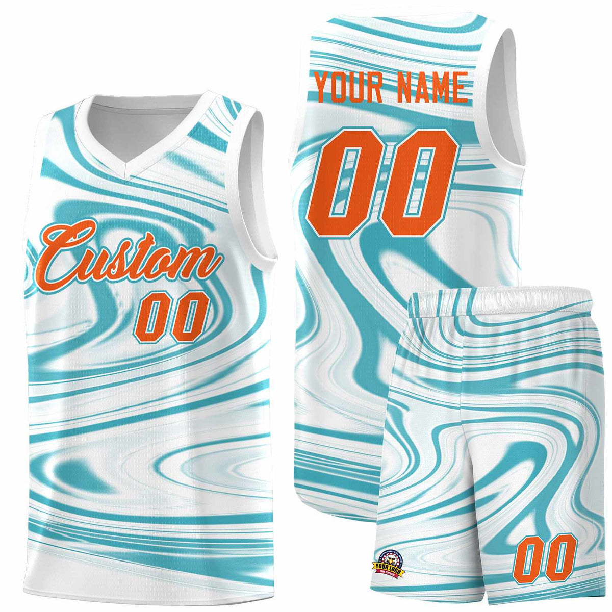 Custom White Aqua Graffiti Pattern Fluids Style Sports Uniform Basketball Jersey Kits|KXKSHOP