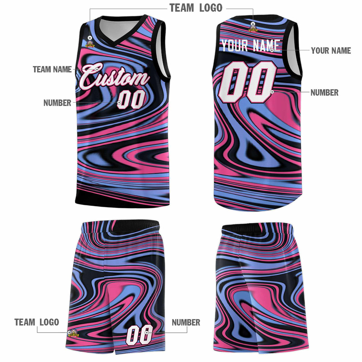 Custom Black Light Blue Graffiti Pattern Fluids Style Sports Uniform Basketball Jersey Kits|KXKSHOP