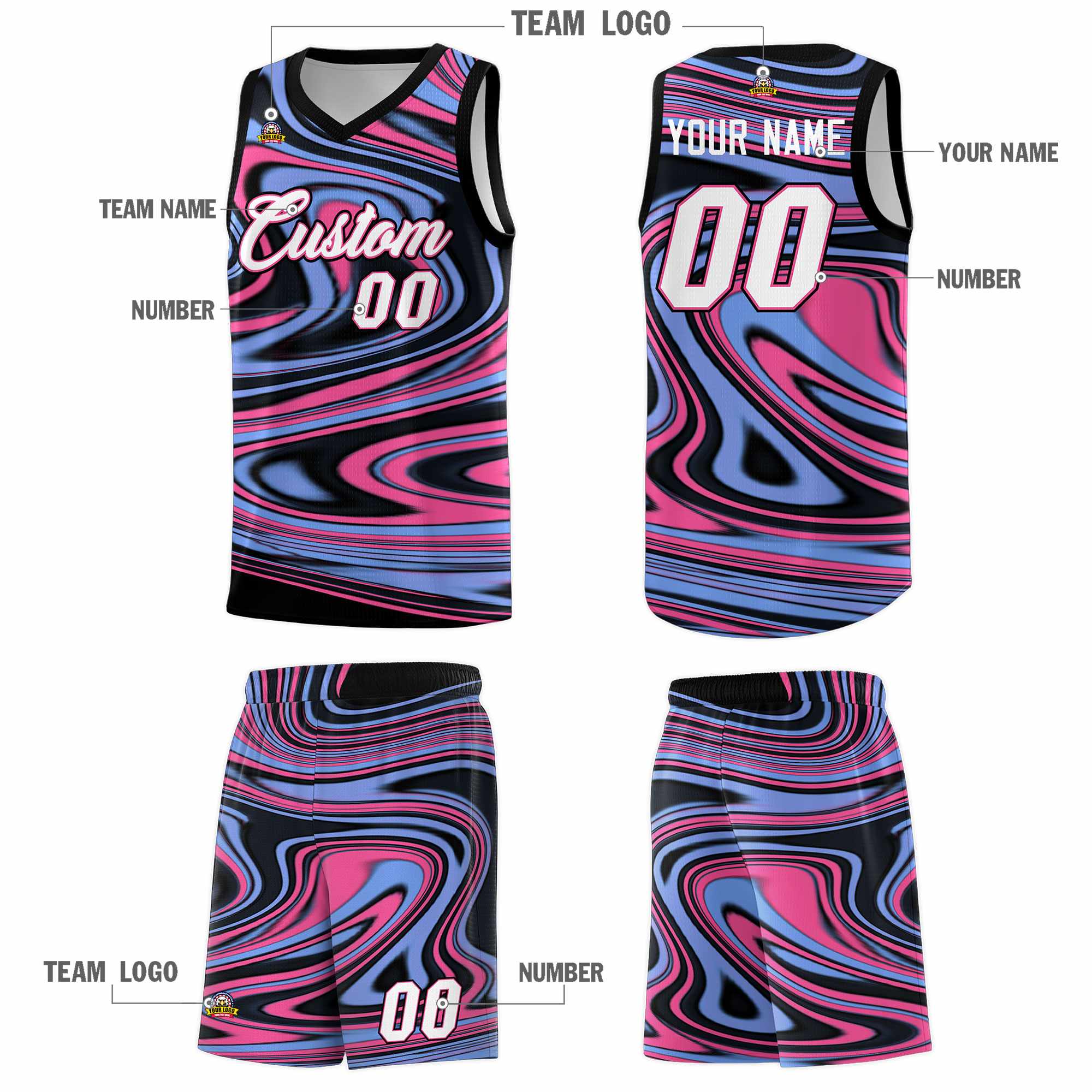 Custom Black Light Blue Graffiti Pattern Fluids Style Sports Uniform Basketball Jersey Kits|KXKSHOP