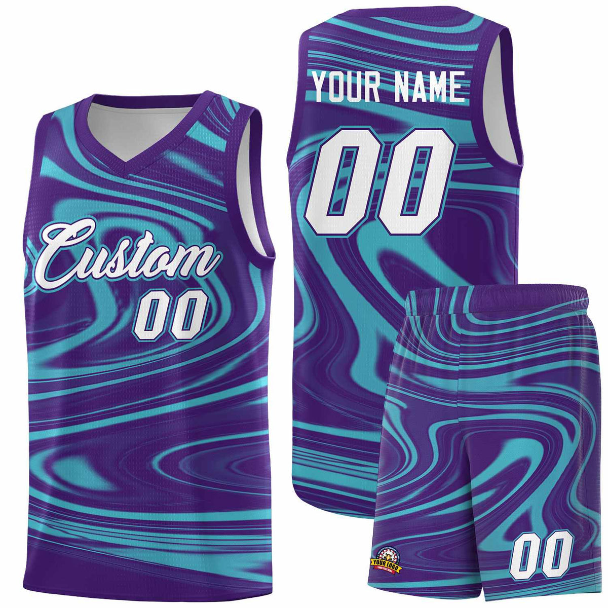 Custom Purple Aqua Graffiti Pattern Fluids Style Sports Uniform Basketball Jersey Kits|KXKSHOP