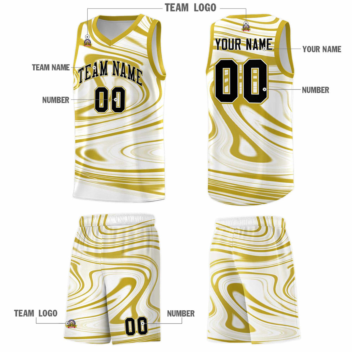 Custom White Old Gold Graffiti Pattern Fluids Style Sports Uniform Basketball Jersey Kits|KXKSHOP