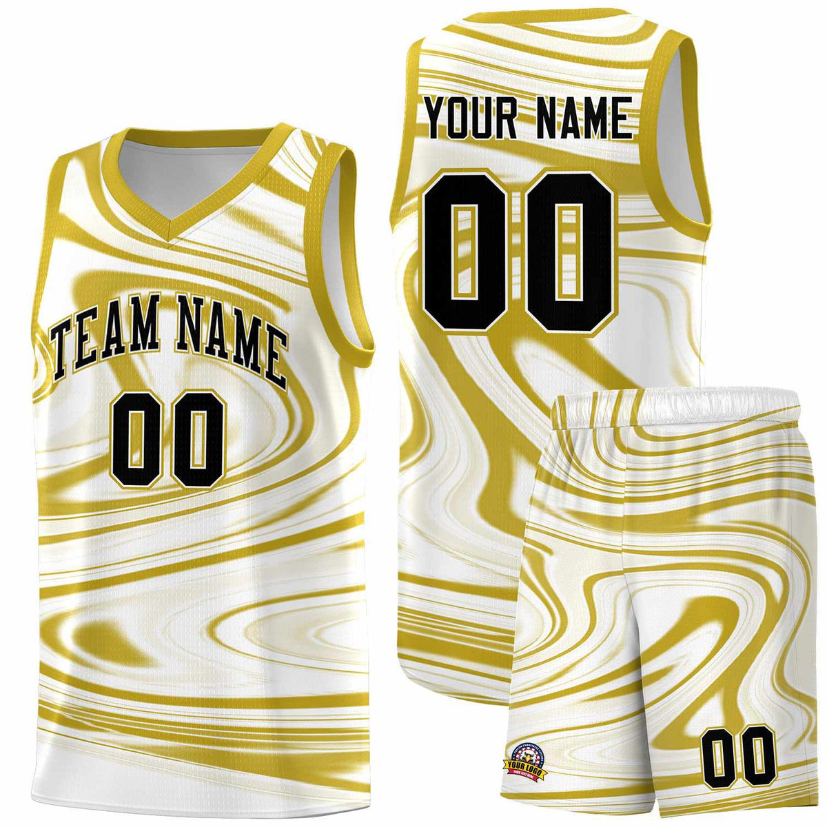 Custom White Old Gold Graffiti Pattern Fluids Style Sports Uniform Basketball Jersey Kits|KXKSHOP