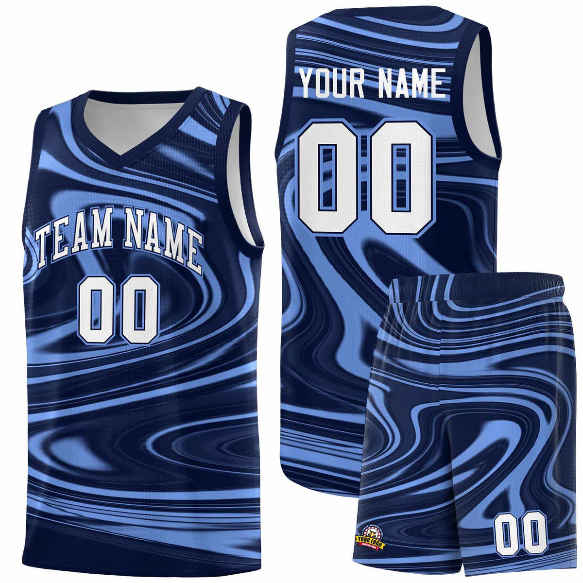 Custom Navy Light Blue Graffiti Pattern Fluids Style Sports Uniform Basketball Jersey Kits|KXKSHOP