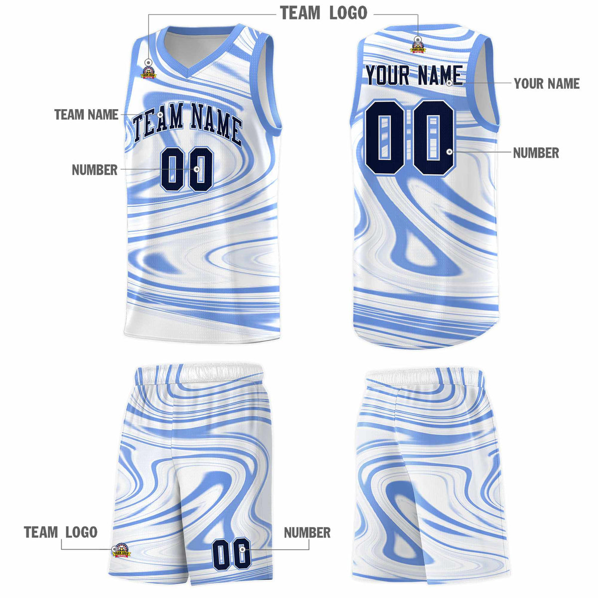Custom White Light Blue Graffiti Pattern Fluids Style Sports Uniform Basketball Jersey Kits|KXKSHOP
